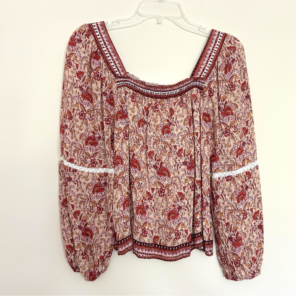 June & Hudson Women’s Floral Bohemian Long Sleeve Red and Cream Blouse